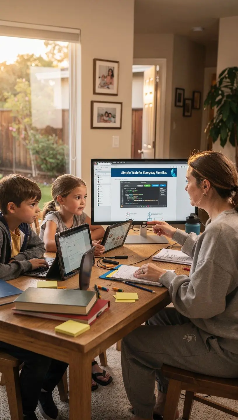 Photo of a smiling adult learning technology basics from an online video lesson.