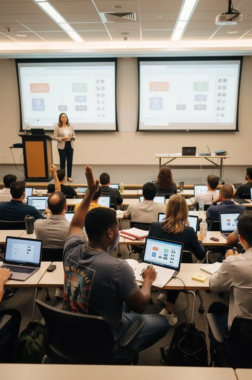 Close-up of a person using a laptop with software tutorials displayed on the screen.