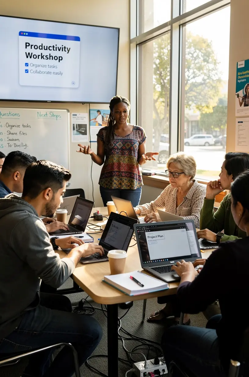 Illustration of simplified software icons connected by arrows representing easy workflow steps.