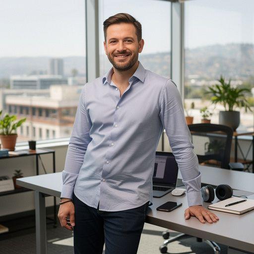 Person using a laptop with a simplified software interface displayed on the screen in a bright home office setting.